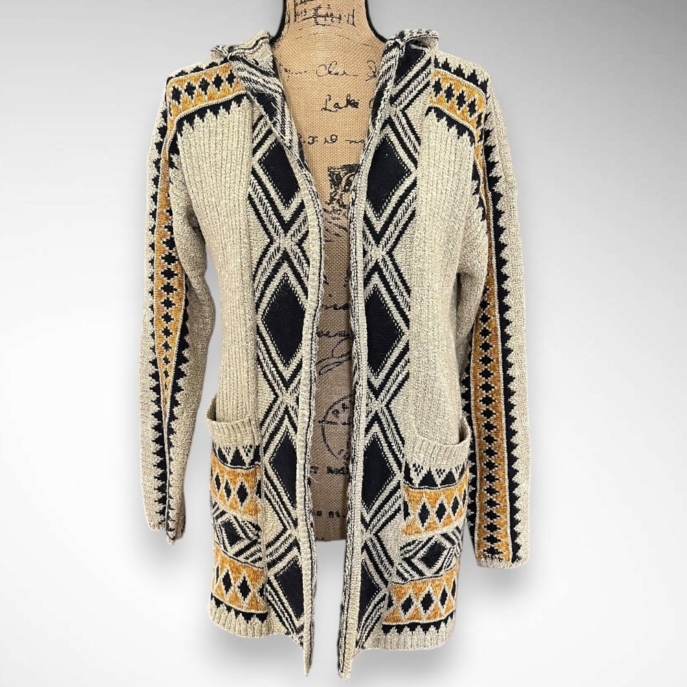 LUCKY BRAND Women's Open‎ Front Aztec Hooded Long Cardigan Small | EUC
